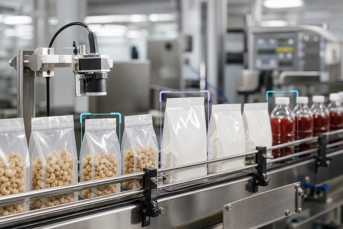 Machine vision camera inspecting sealed food pouches and bottles
