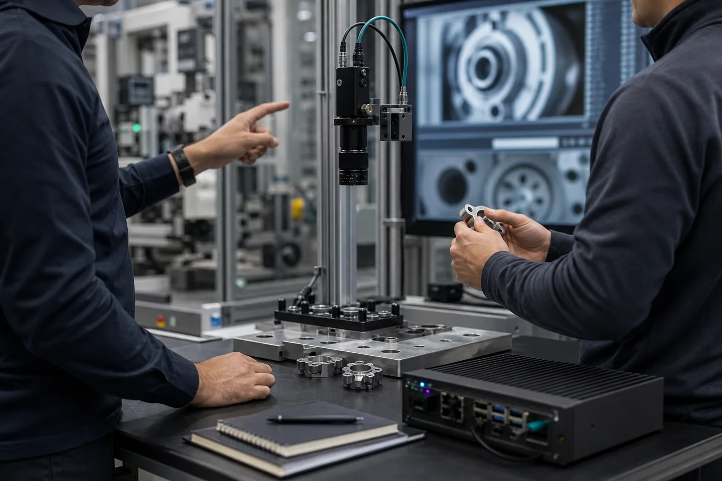Engineers validating a machine vision camera and sample parts at a pilot cell