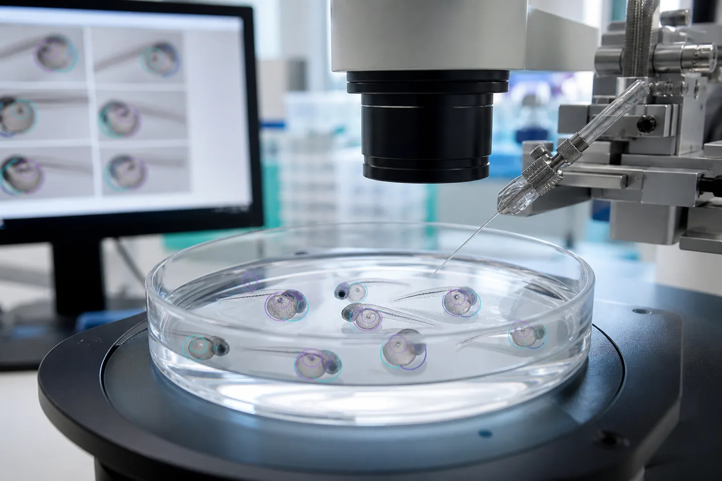 Microscope and microinjection system recognizing zebrafish embryos